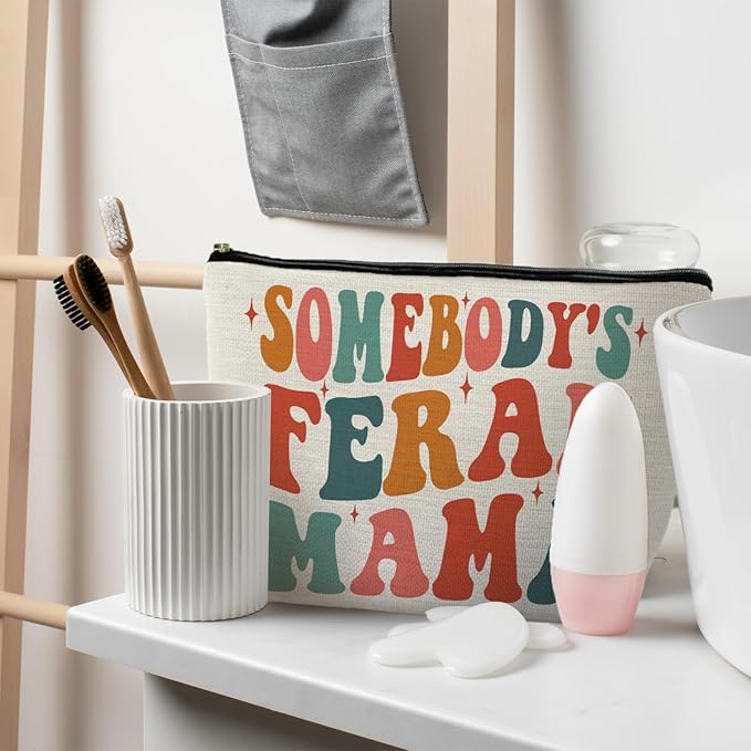Mama Gifts - Mama Makeup Cosmetic Bag, Mama Gifts for Mothers Day, Gifts for Mom Mother, Mom Mother Gifts from Daughters Sons, Groovy Somebody's Feral Mama Small Makeup Bag Pouch for Purse