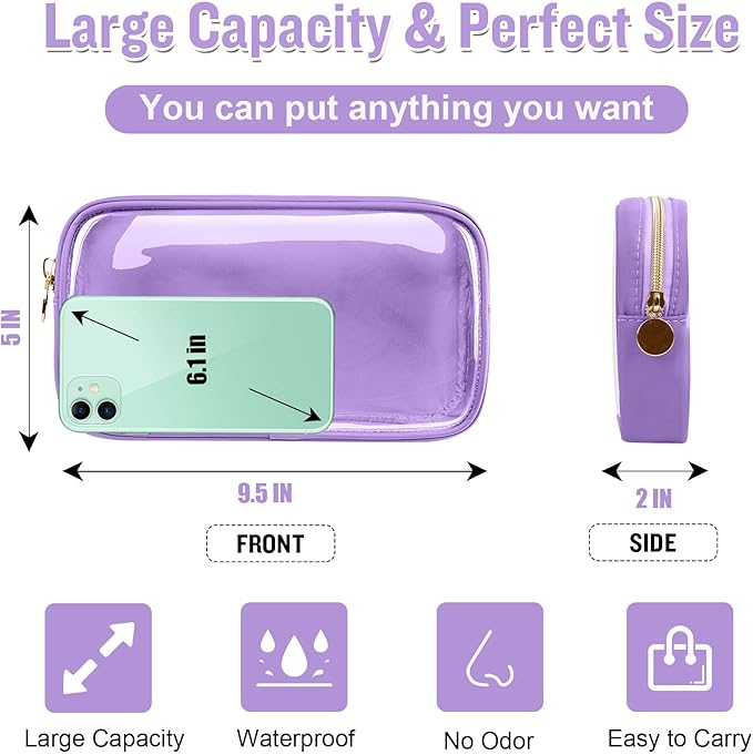 Small Clear Travel Makeup Organizer Bag for Purse, Cute Makeup Bag Preppy Cosmetic Zipper Pouch Purse, Transparent PVC & Nylon Waterproof Make Up Brush Bag Toiletry Storage for Women Girls(Purple)
