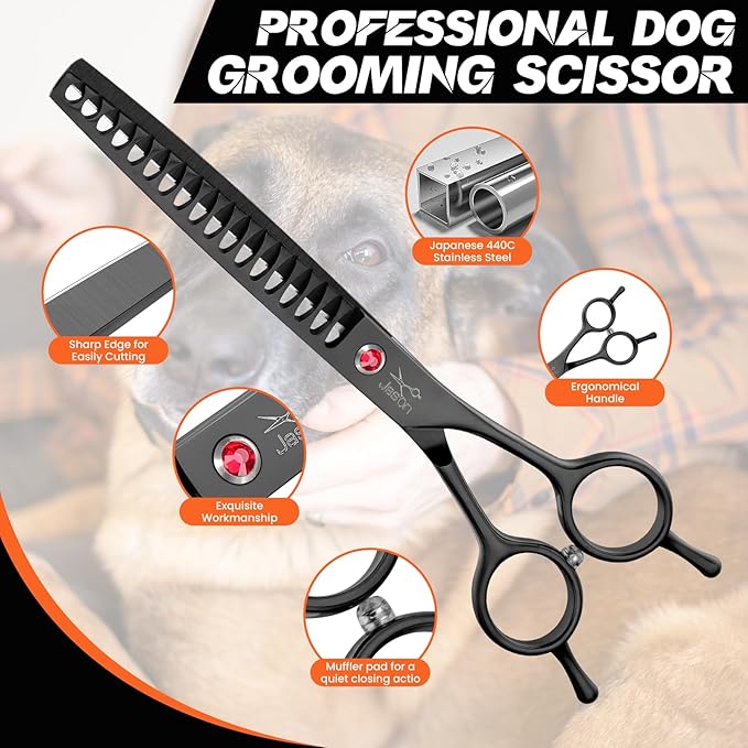 JASON 7.5" Dog Grooming Scissor - Professional Thinning Chunker Shear with 18 Teeth Japanese Stainless Steel Hair Scissors for Dogs, Cats and Other Pets (Chunker, Black) Christmas Gift
