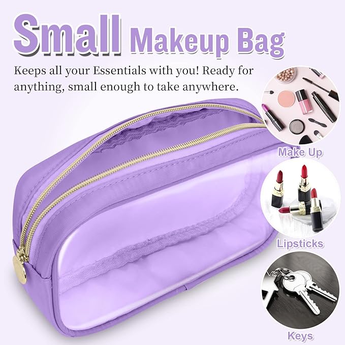 Small Clear Travel Makeup Organizer Bag for Purse, Cute Makeup Bag Preppy Cosmetic Zipper Pouch Purse, Transparent PVC & Nylon Waterproof Make Up Brush Bag Toiletry Storage for Women Girls(Purple)