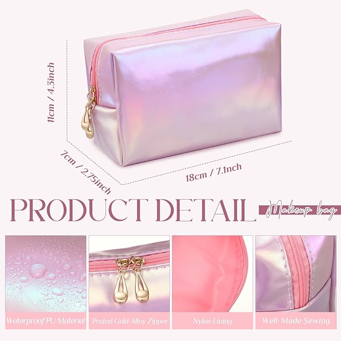 Sanwuta 9 Pcs Makeup Bags Bulk PU Double Zippers Cosmetic Bag Makeup Toiletry Christmas Small Pouch Portable Travel Organizers Case for Women Bridesmaid Party End of The Year(Laser Pink)