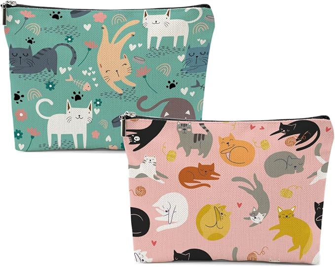 Cat Lover Gifts 2 PCs Makeup Bag, Cat Themed Gifts for Cats Owner Women Girls Daughter Best Friend Sisters Friendship Graduation Birthday, Cats Cosmetic Bag Travel Pouch