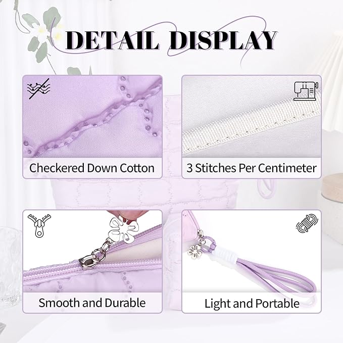 Richeart Makeup Bag Travel Toiletry Bag - Checkered Down Cotton Makeup Pouch for Women with Cosmetic and Pencil, Aesthetic Purple Design, 2 Pieces