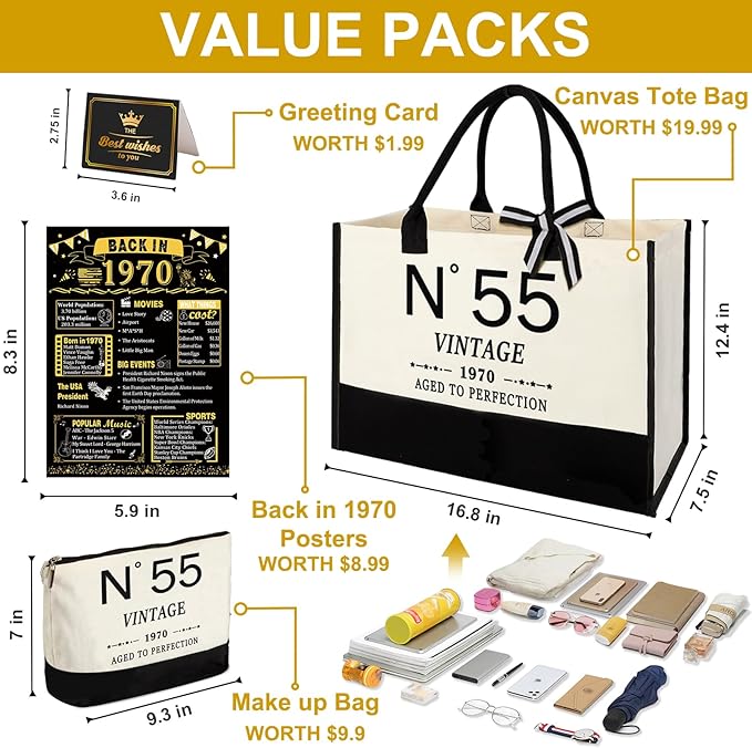 55th Birthday Gifts for Women Canvas Tote Bag Travel Gear,Unique 55 Years Old Gifts for Wife Mom Sister Aunt Friends Her, Vintage N°55 Handbag & Cosmetic Bag & Back in 1970 Poster