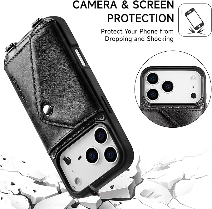 LUCKYCOIN Crossbody Wallet Phone Case for iPhone 17 Pro,100% Genuine Leather Wallet Phone Case with Expandable Flip Card Holder,Phone Purse for Women with Adjustable Removable Strap - Black