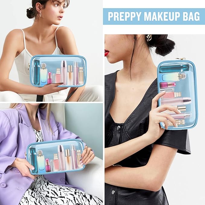Nylon Small Clear Makeup Bag for Purse, Cute Makeup Bag Preppy Cosmetic Zipper Pouch Purse, Waterproof Travel Toiletry Bag Coin Pouch Clutch Make Up Brush Bag Organizer Storage for Women Ladies(Blue)