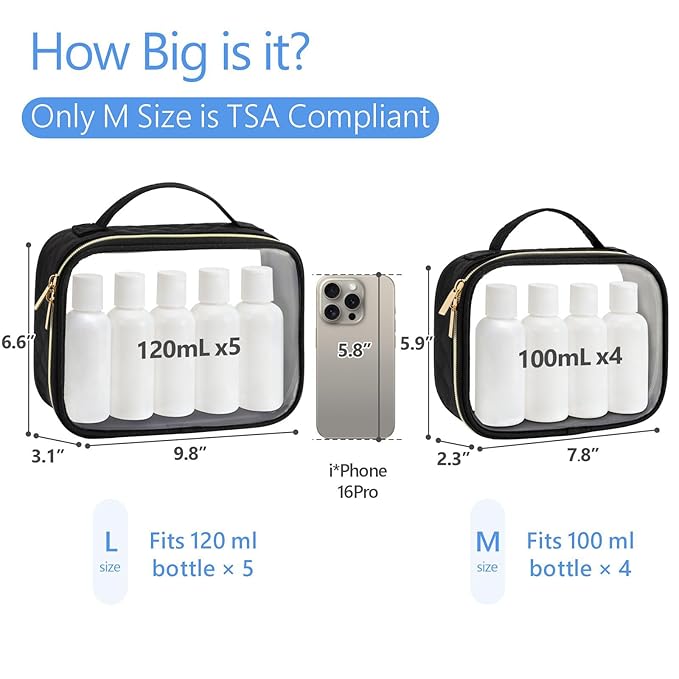 PACKISM Clear Makeup Bag - TSA Approved Toiletry Bag with Handle Large Opening, Clear Toiletry Bags for Traveling Travel Essentials, Travel Bags for Toiletries, Black