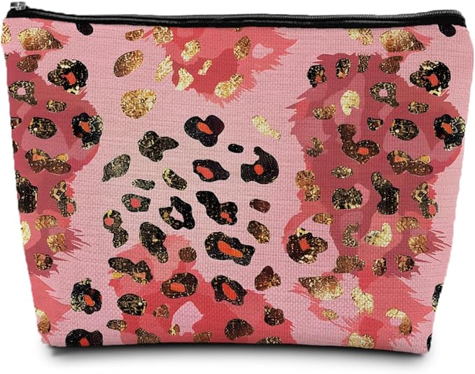 Gold and Pink Leopard Print Makeup Bag, Preppy Girly Cosmetic Bags Gifts for Women, Funky Y2k Cheetah Print Portable Travel Toiletry Bag Zipper Makeup Pouch