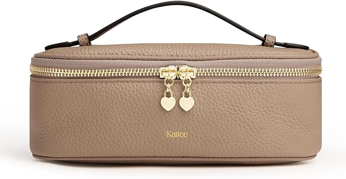 Kattee Makeup Bag for Women, Leather Cosmetic Bag, Working Makeup Bags for Ladies with Handles, Portable Travel Toiletry Bag,Apricot