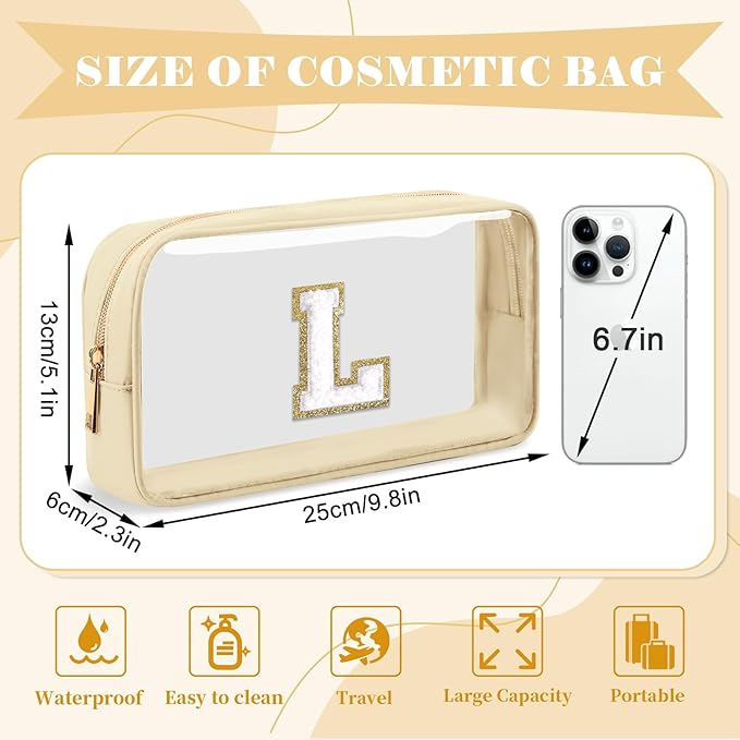 Personalized Initial Letter Clear Makeup Bag,Preppy Small Nylon&PVC Cosmetic Zipper Bag with Chenille Letter,Portable Beach Travel Skincare Toiletry Bag,Trendy Monogram Gift for Teen Girls Women,L