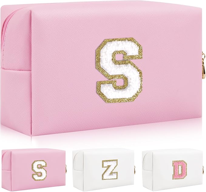 Personalized Initial Letter Patch Makeup Bag, Preppy Portable Chenille Letter Cosmetic Bag with Zipper, PU Leather Waterproof Travel Toiletry Bag Monogram Make Up Pouch for Women Girls