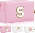 Personalized Initial Letter Patch Makeup Bag, Preppy Portable Chenille Letter Cosmetic Bag with Zipper, PU Leather Waterproof Travel Toiletry Bag Monogram Make Up Pouch for Women Girls