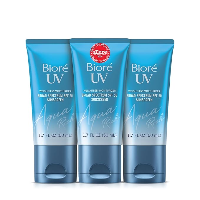 Biore UV Aqua Rich Daily Hydrating Facial Moisturizer with SPF 50 | Oil Free Sunscreen for Sensitive Skin with Hyaluronic Acid, Non-Comedogenic, Dermatologist Tested, 1.7 Oz/3 Pack