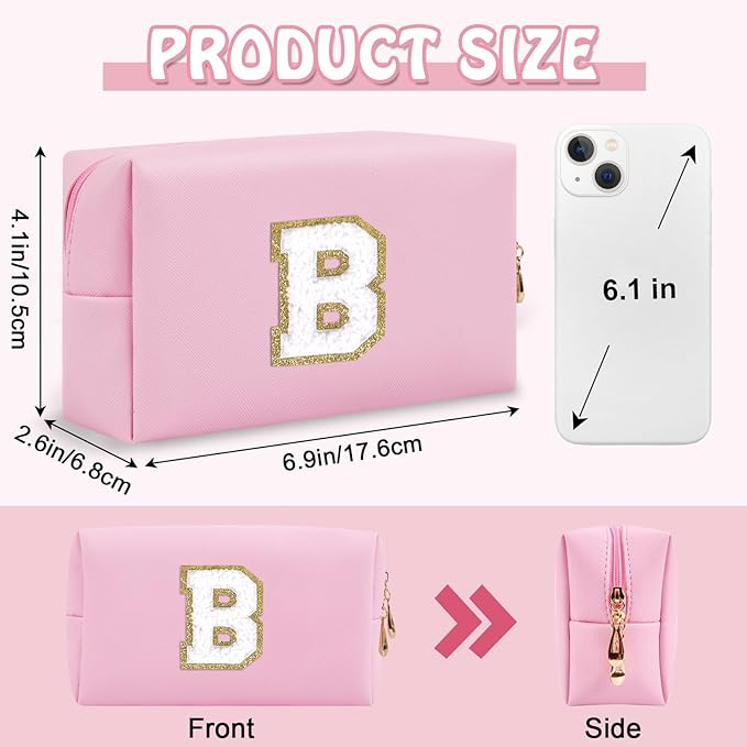 Small Initial Preppy Makeup Bag Organizer, Pink Cute Chenille Letter Cosmetic Pouch with Zipper Toiletry Bags for Traveling, Waterproof PU Makeup Case Personalized Gifts for Bachelorette(Letter B)