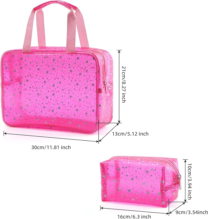 Yaopeing 2Pcs PVC Clear Makeup Bag Organizer for Women,Star Transparent Cosmetic Case Travel Toiletry Pouch with Zipper,Large Make Up Purse for Daily Accessory,Pink