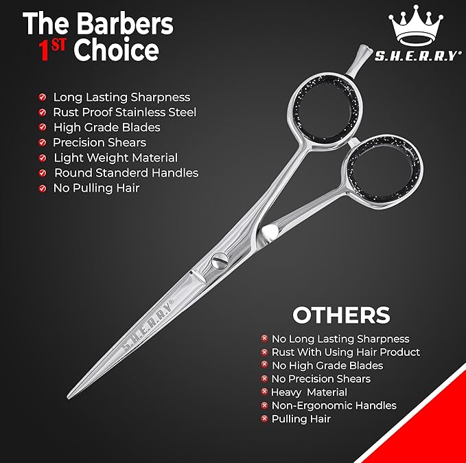 Professional Barber Shears 6.5” – High Carbon Stainless Steel Hair Cutting Scissors with Razor Sharp Edge for Salon & Home Use by S.H.E.R.R.Y (silver, 6.5)