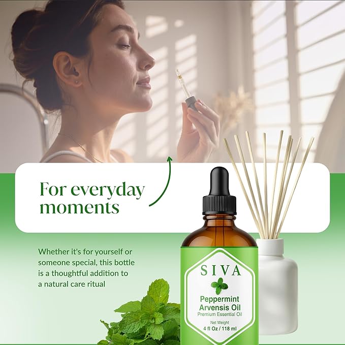 Siva Peppermint Arvensis Essential Oil - 4 Fl Oz – 100% Natural Peppermint Arvensis Oil - for Diffuser, Face, Skin Care, Aromatherapy, Hair Care, Scalp and Body Massage - with Dropper