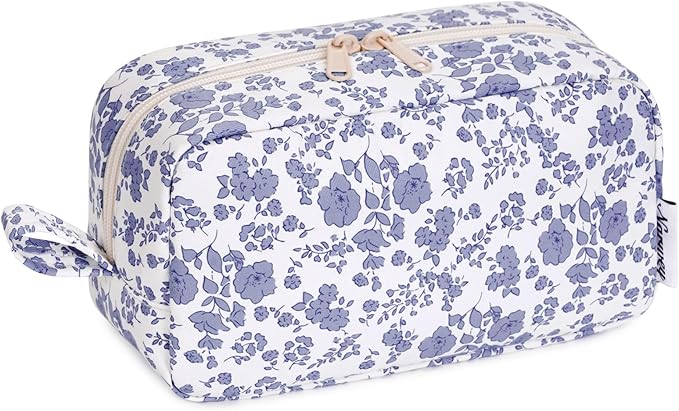 Narwey Cute Makeup Bag Small Toiletry Bag Travel Cosmetic Bag Organizer Make Up Bags with Organized Pockets for Women (Little Grayish Blue Flower, Large)