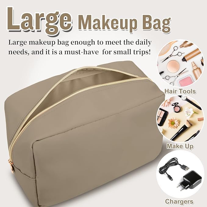 Nylon Large Makeup Bag Travel Pouch for Women, Preppy Big Makeup Bag Cute Cosmetic Zipper Pouch Purse, DIY Chenille Letter Bag Waterproof Toiletry Bag Clutch Make Up Organizer for Women Girls(Khaki)