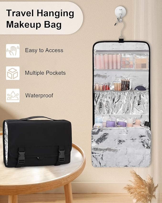 TANTO Travel Makeup Bag, Hanging Makeup Organizer Bag Lightweight Waterproof Large Cosmetic Case Black Toiletry Bag Portable Pouch for Makeup Accessories