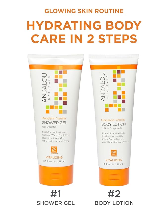 Andalou Naturals Vitalizing Body Lotion Mandarin Vanilla - Hydrating Daily Moisturizer to Nourish Dry Skin - With Shea Butter, Cocoa Butter, Rose Hip Oil, Argan Oil, & Aloe Vera - 8 fl oz