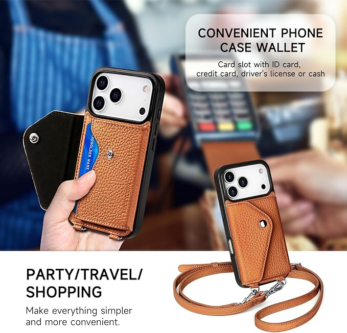 LUCKYCOIN Crossbody Wallet Phone Case for iPhone 17 Pro,100% Genuine Leather Wallet Phone Case with Expandable Flip Card Holder,Phone Purse for Women with Adjustable Removable Strap - Pebble Brown