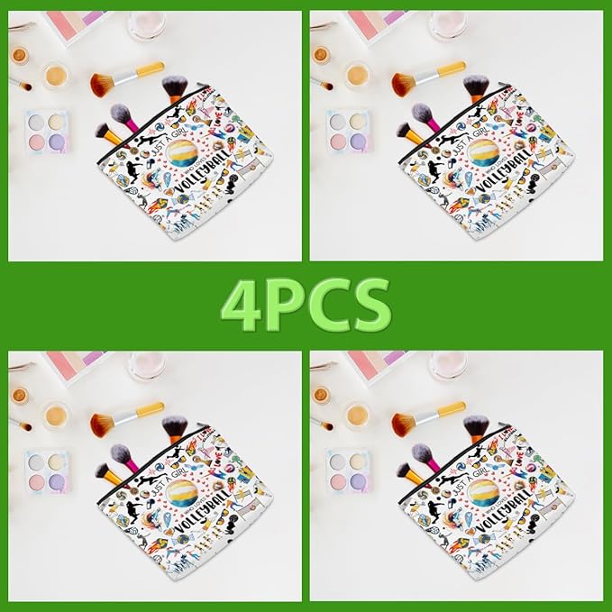 4pcs Volleyball Cosmetic Bag for Women, Volleyball Makeup Bag Pouch Accessories for Players Teams Stuff, Sport Party, Birthday Graduation Gifts for Her Women Friends