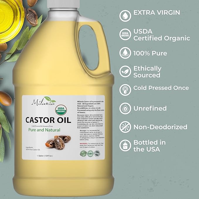 Organic Castor Oil - (1 Gallon) 100% Pure Cold-Pressed Beauty & Skincare Serum - Eyelash & Eyebrow Hair Growth Enhancer