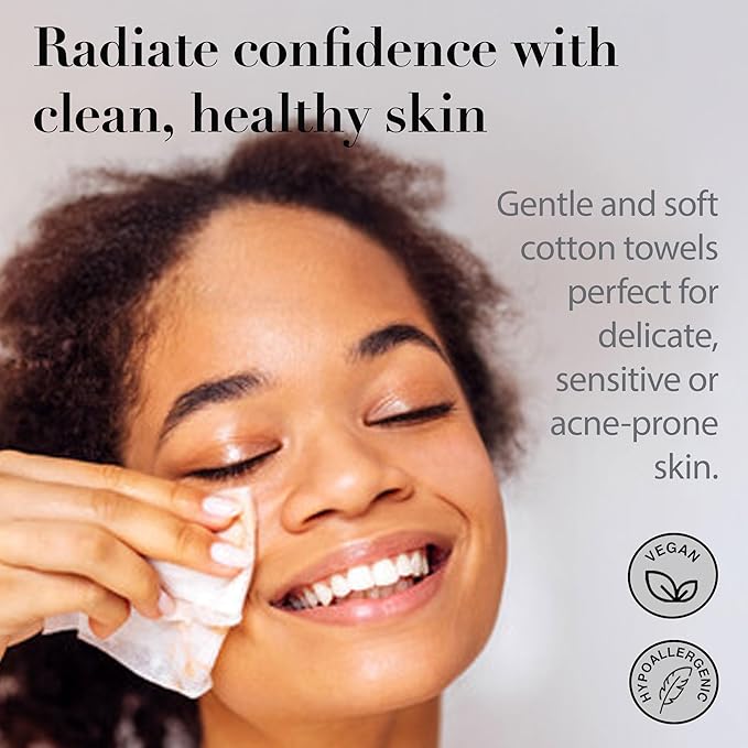 Cotton Towels | Disposable Face and Makeup Wipes | Natural, Biodegradable | Plant Based Facial Towelettes | Ideal for Sensitive Acne Prone Skin, Travel, Baby Care, 50 Ct, 1 Pk