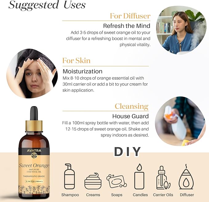 Avatra Brazilian Sweet Orange Essential Oil 100ml (3.38oz) - 100% Pure & Natural Orange Oil with Glass Dropper & Travel Bottle - Premium Essential Oil for Diffuser, Aromatherapy, Massage & DIY Candles