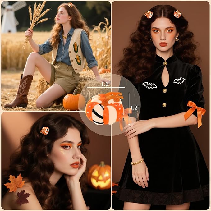 Original Italian Designed Mini Halloween Hair Claw Clips for Women - Orange Pumpkin, Handmade Vintage Cute Fall Halloween Hair Accessories, Plant-Based Acetate, Gift Boxed