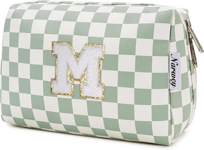 Narwey Birthday Gifts for Women Girls, Initial Makeup Bag for Bridesmaid Teacher Sister Friend Daughter Graduation Gifts, Personalized Monogram Cosmetic Toiletry Bag, Teen Girls Trendy Stuff (Green M)