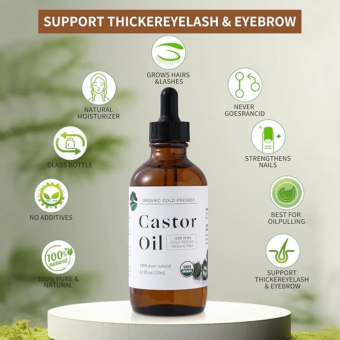 Organic Castor Oil Cold Pressed Unrefined - Hair Growth & Care, Thicker Eyelashes & Eyebrows (4.23FlOz) - Certified Organic, Hexane Free