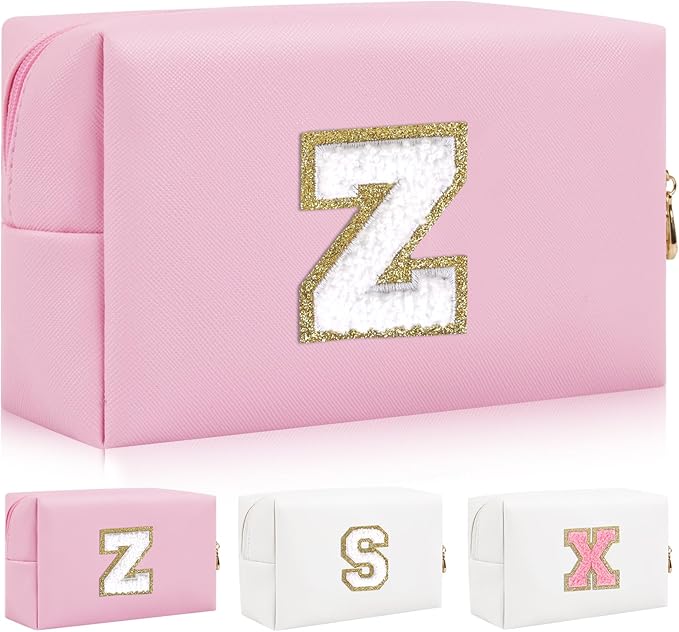 Iqimott,Personalized Initial Letter Patch Makeup Bag, Preppy Portable Chenille Letter Cosmetic Bag with Zipper, PU Leather Travel Toiletry Bag Monogram Make Up Pouch for Women Girls(Letter Z)
