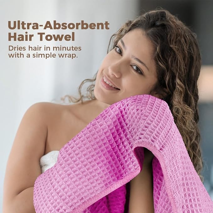 HOMEXCEL 2 Pack XL Microfiber Hair Towels Waffle Weave- 40 x 26.5 inches Fast Drying Turbans for Long, Thick, Curly Hair - Anti Frizz Wrap with Elastic Strap, Blue/Pink