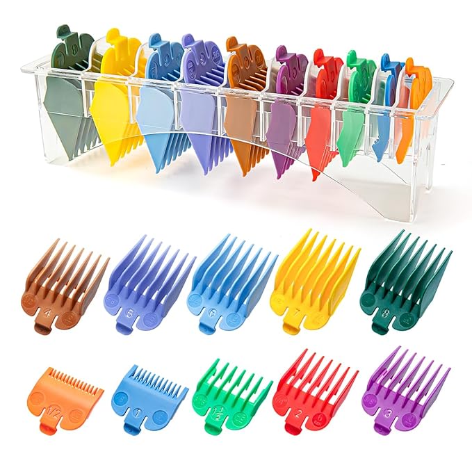 10 Professional Hair Clipper Guards Cutting Guides Compatible with Most Wahl Clippers with Organizer, Color Coded Clipper Combs Replacement - 1/16" to 1"