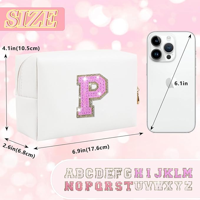 Personalized Initial Makeup Bag, Small Preppy Glitter Letter Cosmetic Pouch PU Waterproof Zipper Travel Toiletry Bag, Unique Letter Patch Makeup Organizer Gift for Women Teen Girls