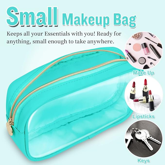Small Clear Travel Makeup Organizer Bag for Purse, Cute Makeup Bag Preppy Cosmetic Zipper Pouch Purse, Transparent PVC & Nylon Waterproof Makeup Brush Bag Toiletry Storage Clutch for Women Girl(Mint)