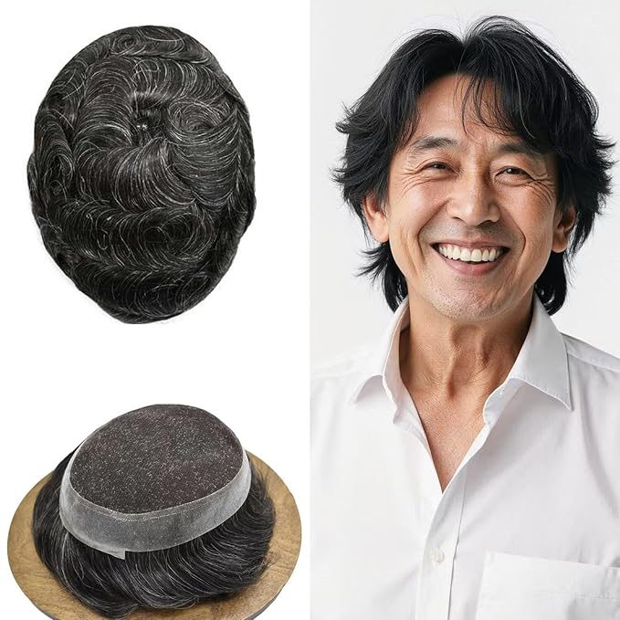 Toupee for Men French Lace Center Human Hair Replacement Systems Transparent Lace Center Hair Piece Mens Toupee Hair Units for Man 8"X10" #1B10 1B# OFF BLACK WITH 10% SYNTHETIC GREY