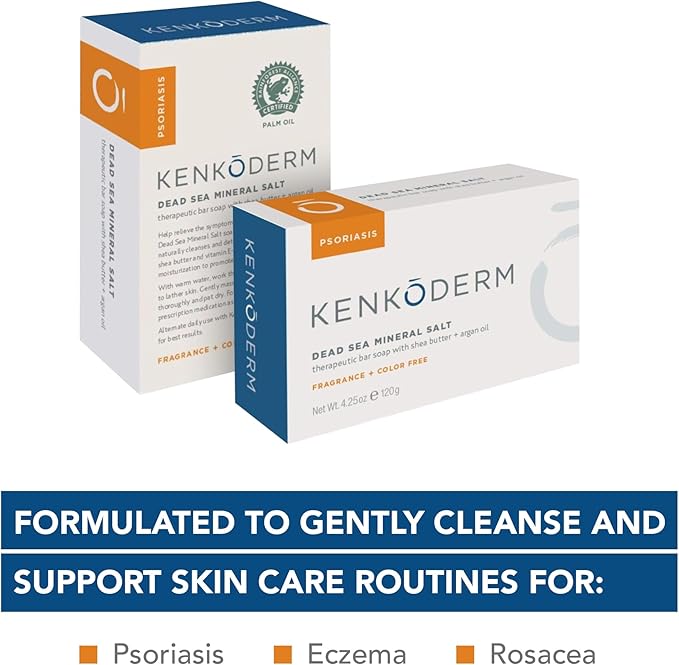 Kenkoderm Psoriasis Dead Sea Mineral Salt Soap with Argan Oil & Salicylic Acid, Natural Exfoliating Body & Face Cleanser for Sensitive Skin, Color & Fragrance Free, 4.25 Ounce, Pack of 4 Bars