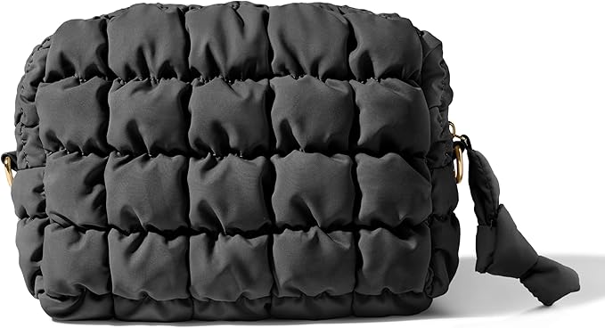 Yarnic Quilted Makeup Bag Cosmetic Bag, Travel Toiletry Bag for Women, Cute Makeup Bag Organizer Black Puffer Makeup Pouch (M, Black)
