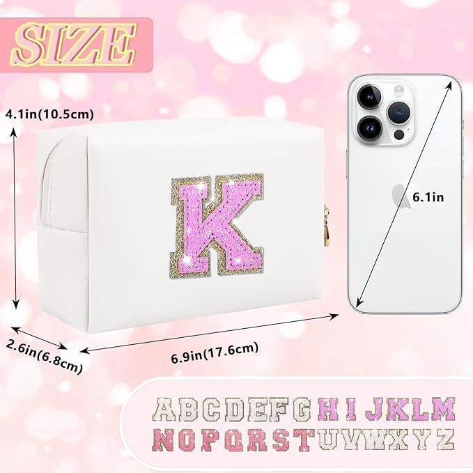 Initial Letter Patch Makeup Bag, Small Preppy A-Z Glitter Letter Cosmetic Bag, PU Leather Waterproof Travel Toiletry Bag, Cute Make Up Pouch Personalized Monogrammed Gift for Women Teen Girls