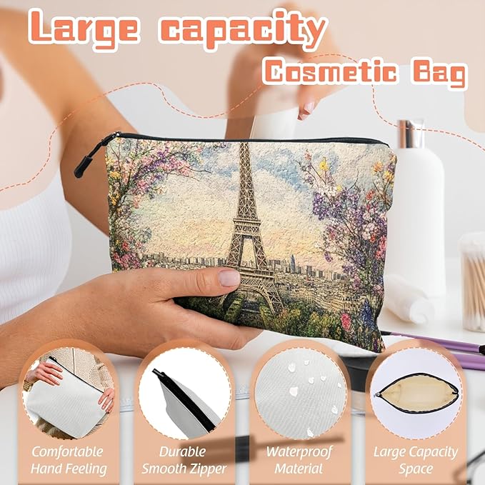 Cosmetic Bags Travel Makeup Toilet Case Waterproof Pouch for Women Girls 6.7X9.45inches - The Eiffel Tower Surrounded By Spring Flowers