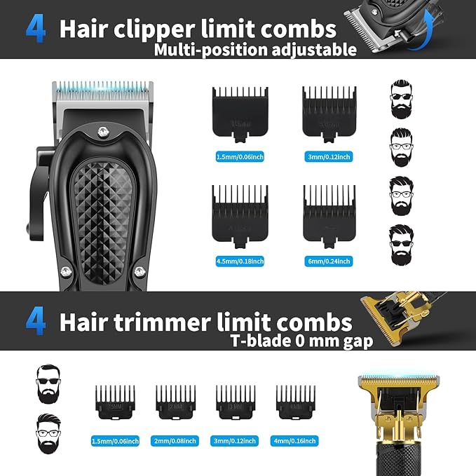 HIENA PRO Hair Clippers for Men Professional, Cordless Barber Clipper & T-Blade Beard/Hair Trimmer Set, Electric Razor Foil Shaver Nose Trimmer Barber Kit, Men's Hair Cutting Kit with 8 Guide Combs