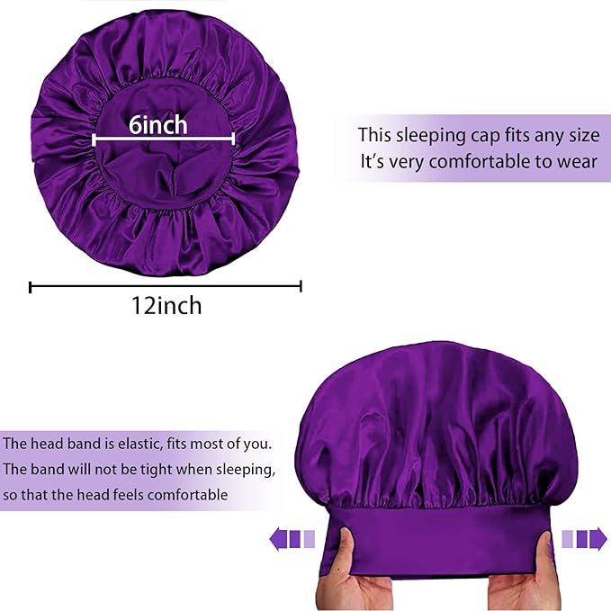 4Pcs Silk Satin Bonnets for Sleeping - Elastic Wide Band Wrap for Black Women Men,Silk Bonnets for Curly Hair,Large Hair Cap for Sleeping (Black+Wine Red+Purple+Brown)