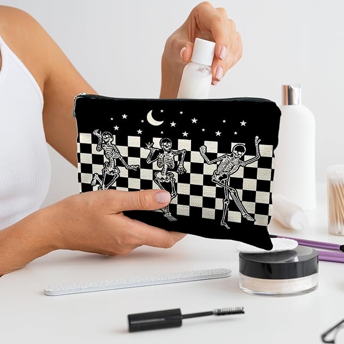 Goth Spooky Gifts for Women, Gothic Horror Skeleton Black Makeup Bag Cosmetic Pouch