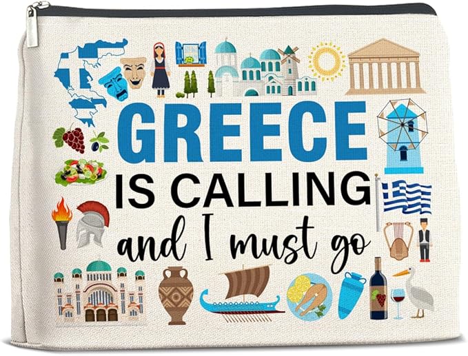 Greece Travel Gifts Makeup Bag Souvenir Gifts for Women Friends Traveler Cosmetic Bag Greece Is Calling Zipper Makeup Pouch Gift