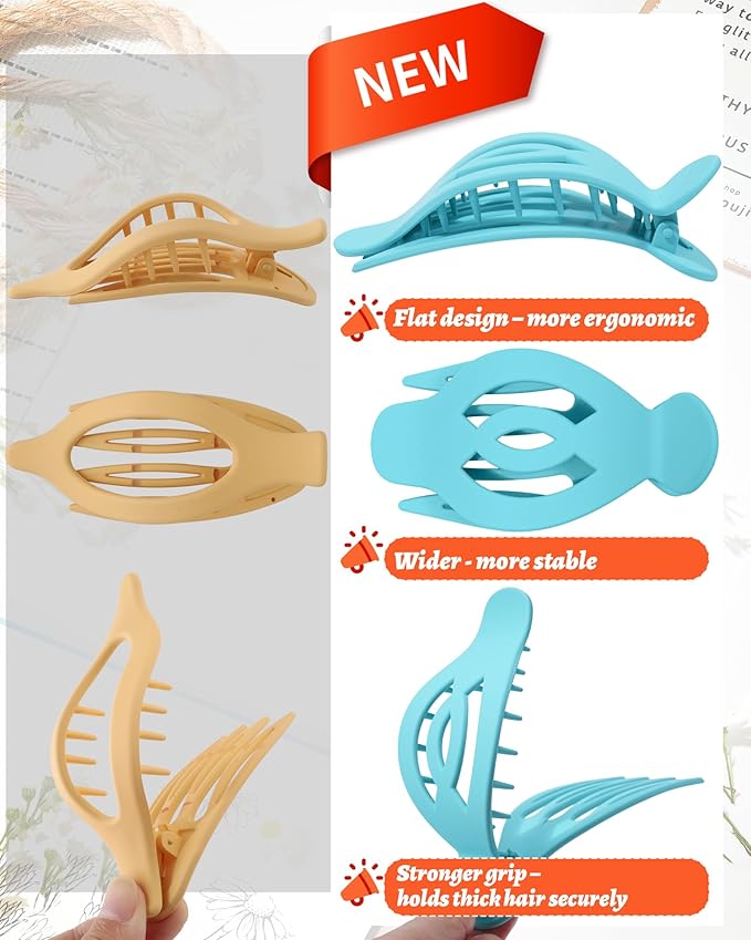 AWAYTR 6Pcs Upgrade Large Flat Hair Claw Clips for Women Girls, 5" Non-slip Duckbill Hair Clips for Long, Thick, Thin Hair, Comfortable for Driving & Lying Down (Matte (Blue))
