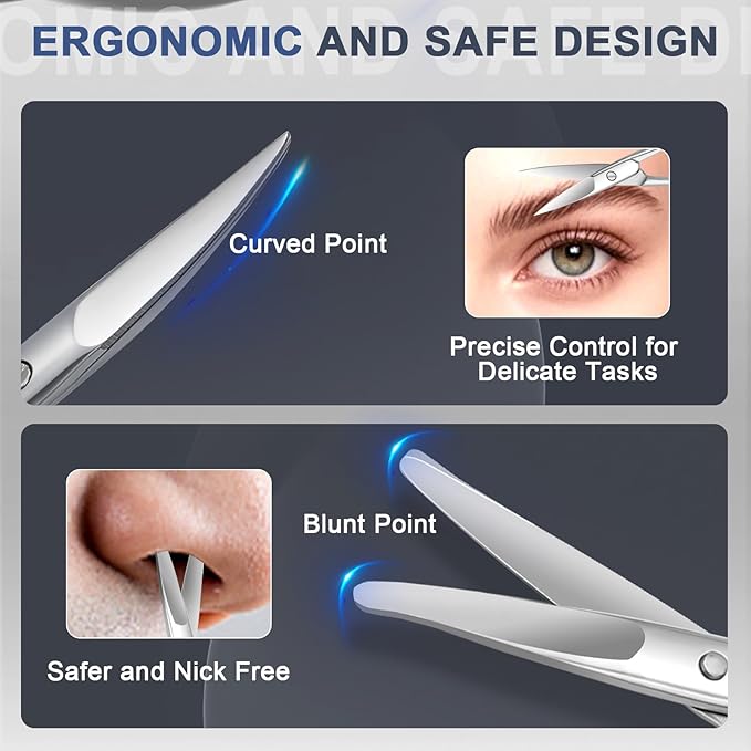 2Pack Small Eyebrow Scissors, Stainless Steel Nose Hair Trimming Scissors with Rounded Tips, Precision Grooming for Beard/Mustache/Facial Hair, Travel Friendly & Safe for Men Women