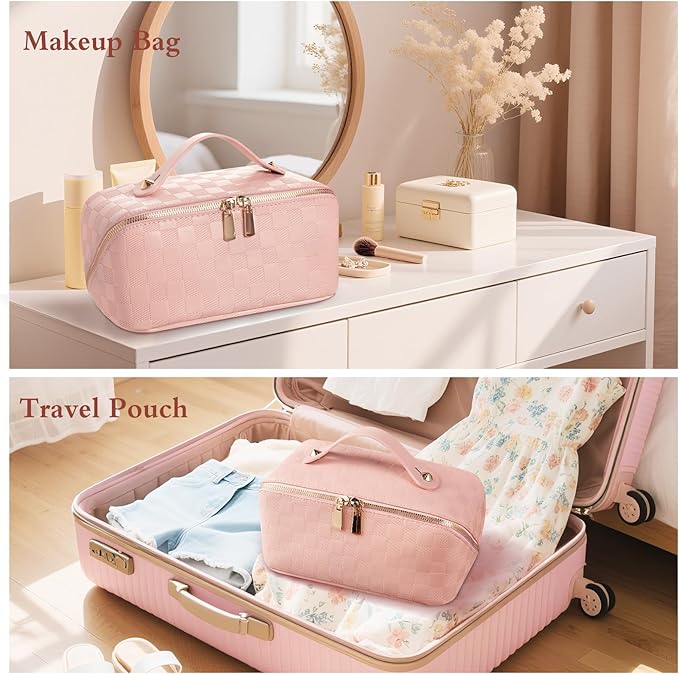 Abiudeng Travel Makeup Bag Large Capacity Toiletry Bag Cosmetic Bags for Travel Essentials,Waterproof Portable Pouch Open Flat Makeup bag Organizer with Divider and Handle(Checkered-Pink)